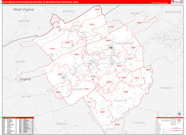 Blacksburg-Christiansburg-Radford Metro Area Wall Map
